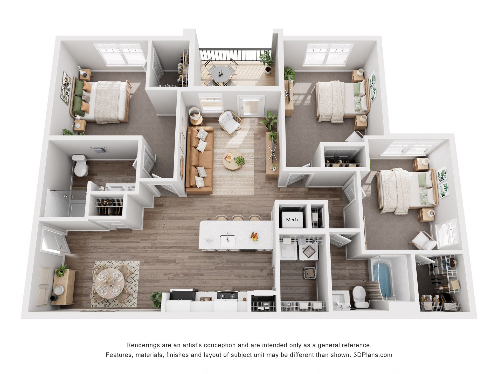 Floor plan for 3 beds, 2 baths, 1400 sqft
